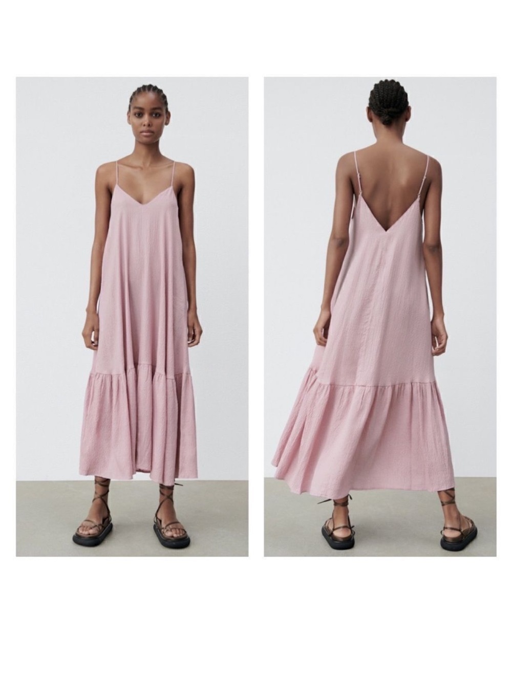 Zara | Lilac Spaghetti Strap Textured V Neck Tiered Maxi Dress Size L